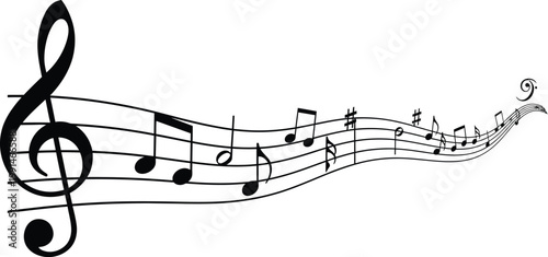 Musical notes with treble clef on wavy staff lines.