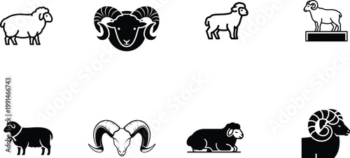 A collection of black and white ram illustrations on a plain background