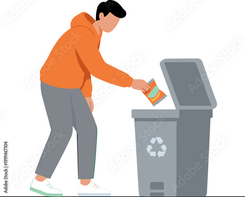 Man throwing recyclable material into recycling bin on the street.