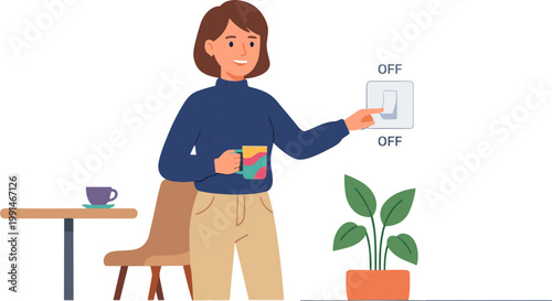 Woman turning on light switch in modern living room interior with chair and plant