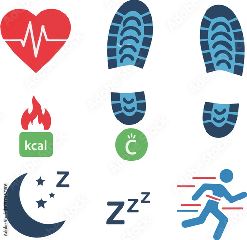 Various fitness and health icons representing heart rate steps calories burned sleep quality and rapid physical exercise for daily tracking