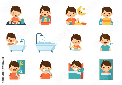 Kids Daily Routine Vector Illustration Set: Little Boy Eating, Bathing, Brushing Teeth, and Sleeping