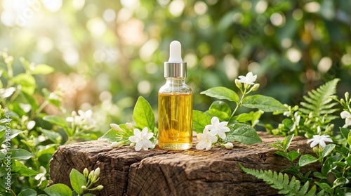 Natural beauty oil bottle surrounded by greenery outdoor photography serenity close-up