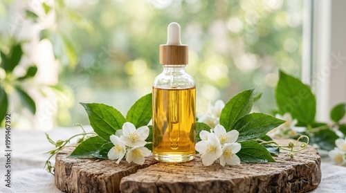 Natural essential oil bottle on wooden surface indoor setting aromatherapy focus