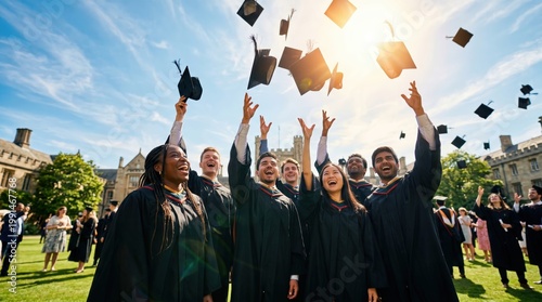 Graduation celebration moments university campus group photo daytime joyful atmosphere