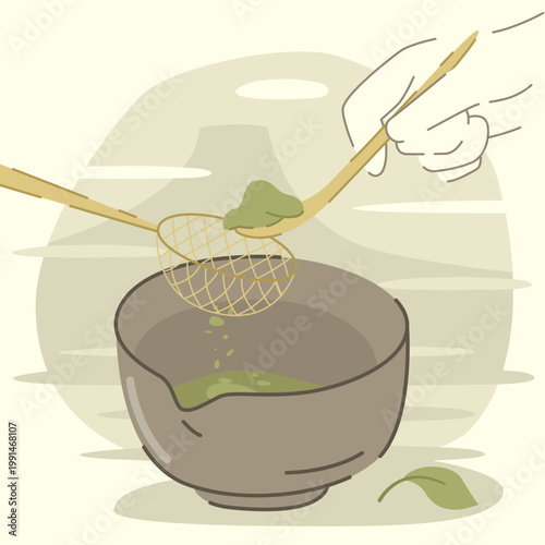 Hand drawn hands sifting matcha powder for tea preparation