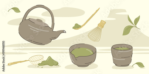 Hand drawn traditional japanese matcha tea ceremony set illustration
