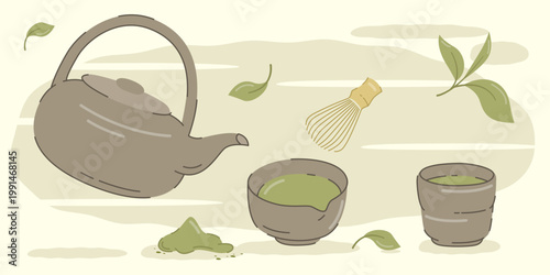 Hand drawn traditional japanese matcha tea ceremony set illustration
