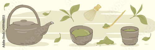 Hand drawn traditional japanese matcha tea ceremony set illustration
