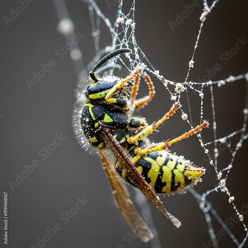 Wasp trapped in a spiderweb, struggling to break free.