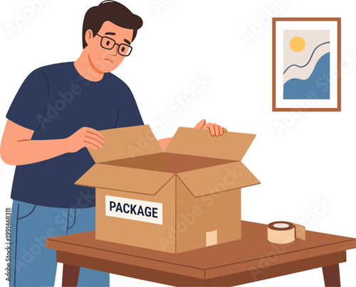 Man opening package box on wooden table in living room