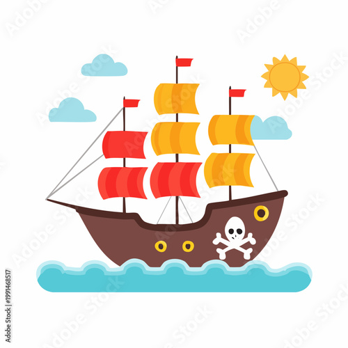 Cartoon Pirate Ship Sailing on the Ocean with Clouds and Sun