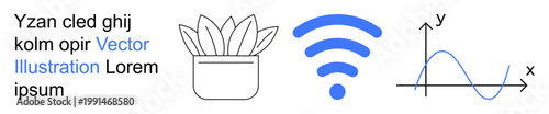 Technology, connection, science, data analysis, education, growth. A plant icon, wireless signal and a graph diagram. Technology and connection concepts illustrated with clean vector elements
