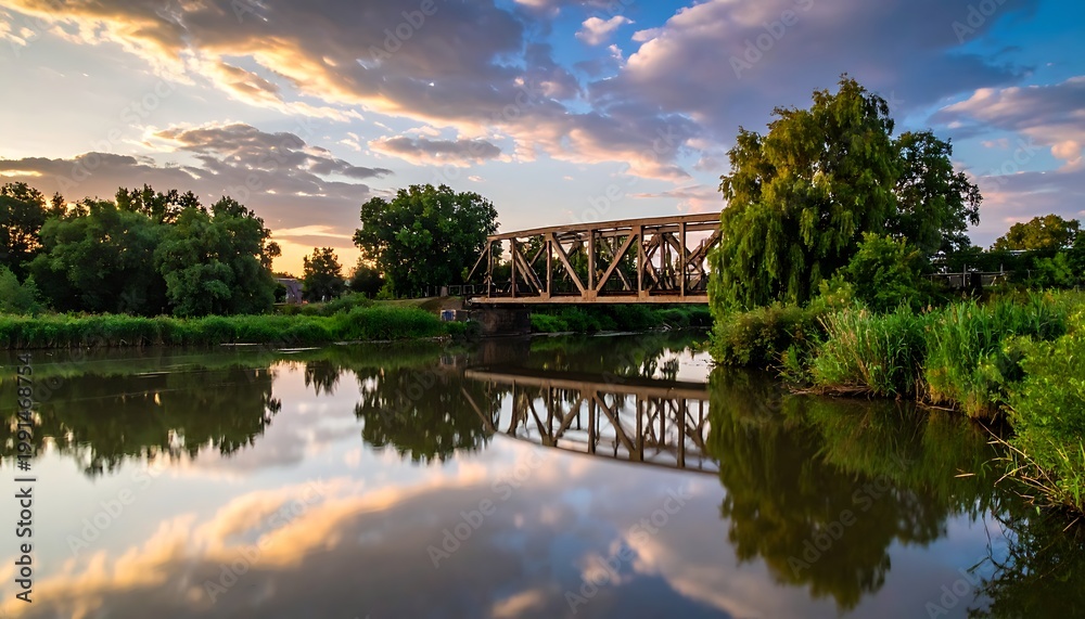 Obraz premium A serene river scene with a bridge and trees at sunset