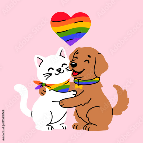 Adorable Pet Friendship Pride Cartoon on Pink Backgroun