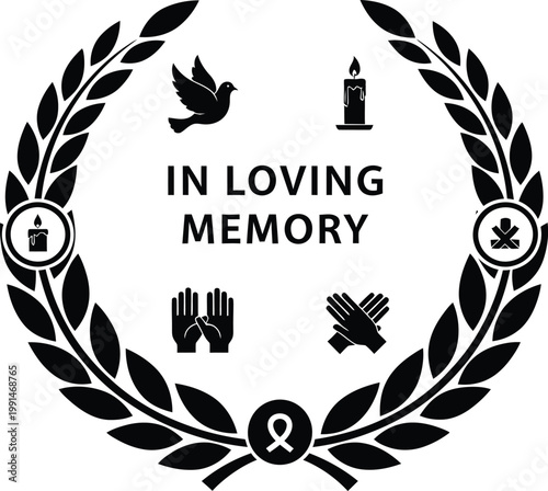 In loving memory wreath a remembrance symbol with dove candle and hands