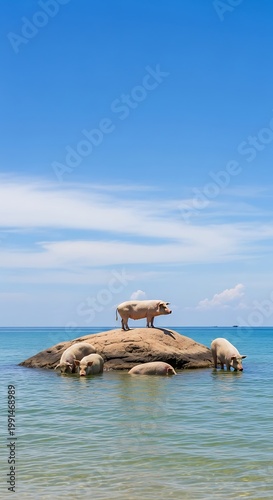 Water buffalo statue on a rock in the sea under blue sky.