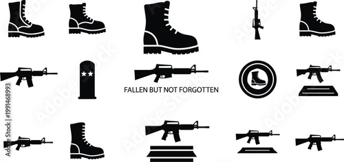 Military equipment and weaponry icons boots guns and tactical gear
