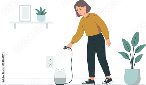 Woman plugging in a device near plants on a shelf indoors