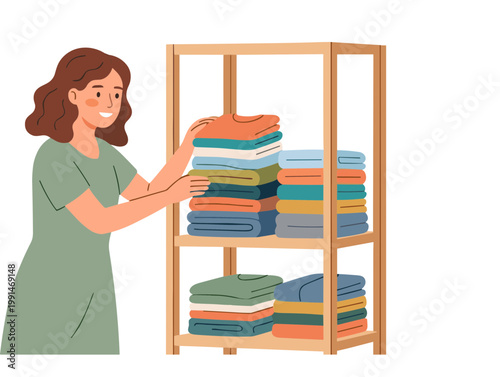 Woman organizing colorful folded clothes on a wooden shelving unit indoors.