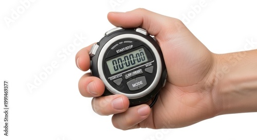 Hand holding digital stopwatch closeup.