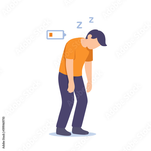 Exhausted Man with Low Battery Symbol Above Head Feeling Tired and Drained