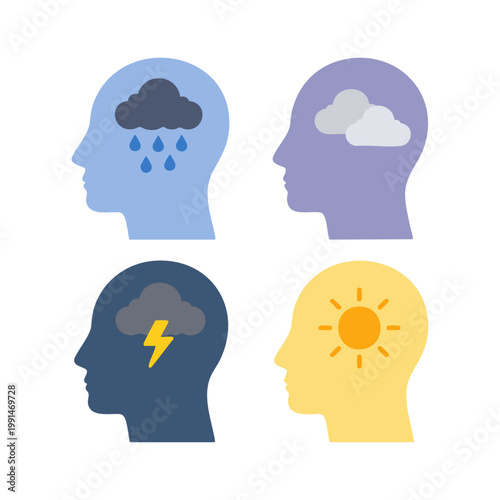 Tableau sur toile Human Heads with Weather Icons Representing Mood Swings and Emotional States