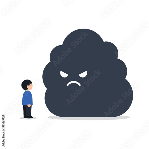Small Person Facing Large Angry Dark Cloud Symbolizing Fear and Overwhelming Problems