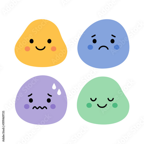 Four Cute Blob Characters Expressing Different Emotions Happy, Sad, Worried, Content