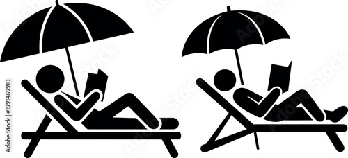 Two people relaxing with books under umbrellas on deck chairs