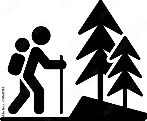 Two hikers trekking through a forest with tall trees in the background