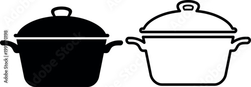 Two different style pots with lids shown side by side in a simple line drawing
