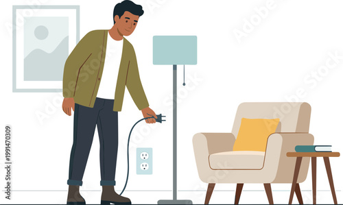 A man plugging a lamp into an outlet next to a chair