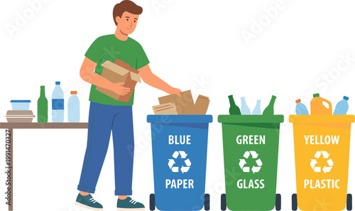 Man sorting recyclable materials into colored bins on a table outdoors