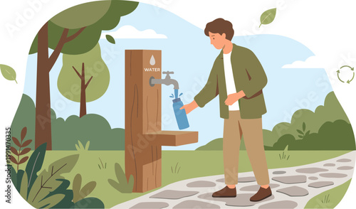 Man refilling water bottle at outdoor station on pathway in park