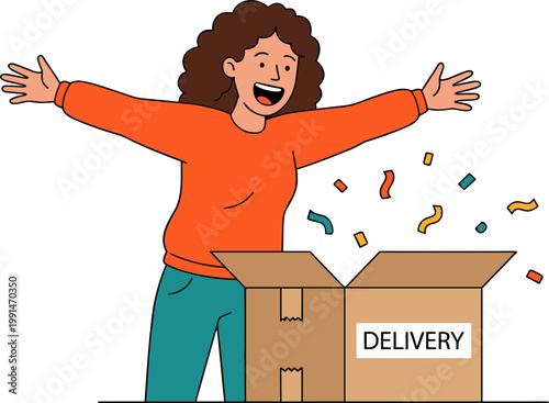 Woman joyfully opens a delivery box with confetti flying out