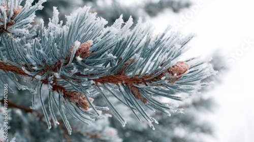 Close up of frosted evergreen branch with brown cones against blurred background