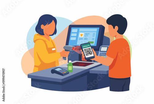 Customer scanning loyalty QR code at retail checkout counter