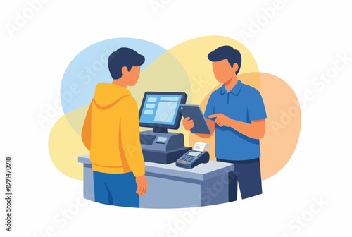 Cashier assisting customer at retail point of sale terminal