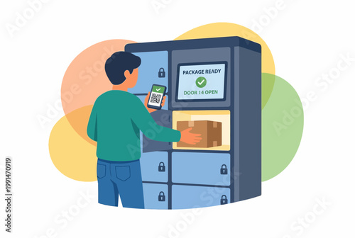 Man picking up package from smart parcel locker with smartphone