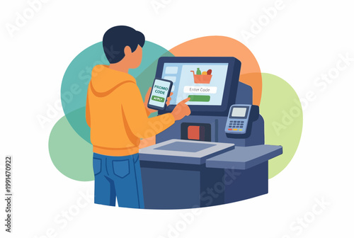 Customer Using Promo Code at Self Checkout Kiosk Vector Illustration