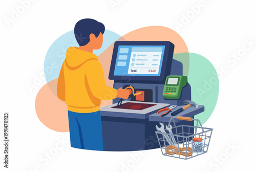 Customer Paying for Hardware Tools at Retail Point of Sale Terminal
