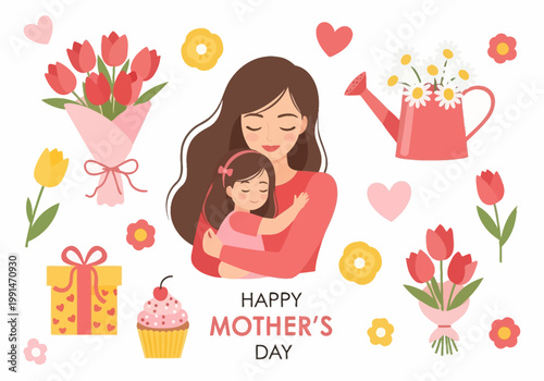 Happy Mother's Day Vector Illustration with Mother and Daughter Hugging, Tulips, Hearts, Cupcake, and Gift Box Icons for Greeting Card Design