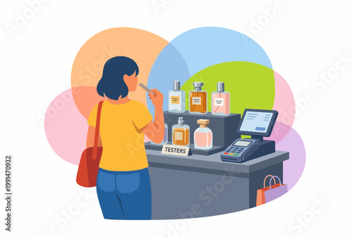 Woman Shopping for Perfume at Retail Beauty Counter Vector