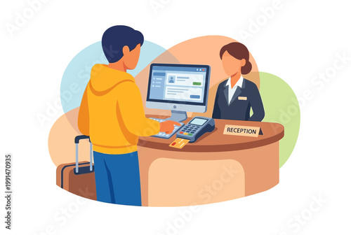 Traveler paying at a reception desk with credit card illustration