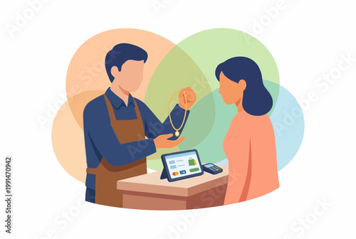 Jewelry Store Customer Purchasing Necklace at Point of Sale Counter