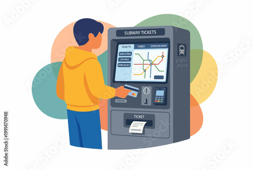Man buying train tickets at an automated subway vending machine