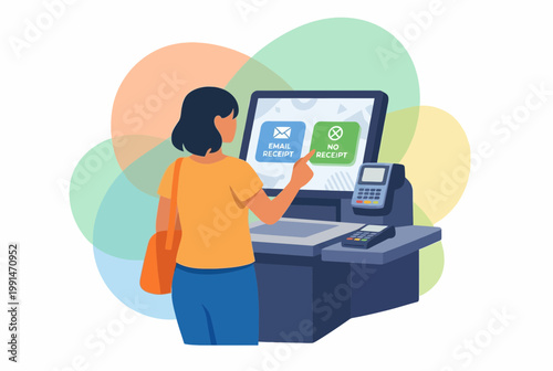 Woman using retail self service point of sale kiosk screen