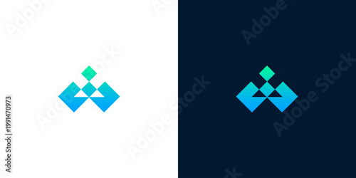 Modern abstract diamond shapes forming an elegant geometric symbol in blue and green gradient colors, on white and dark backgrounds