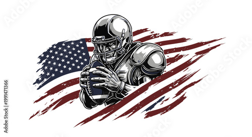 Determined American Football Player Holding Ball Against Tattered Us Flag